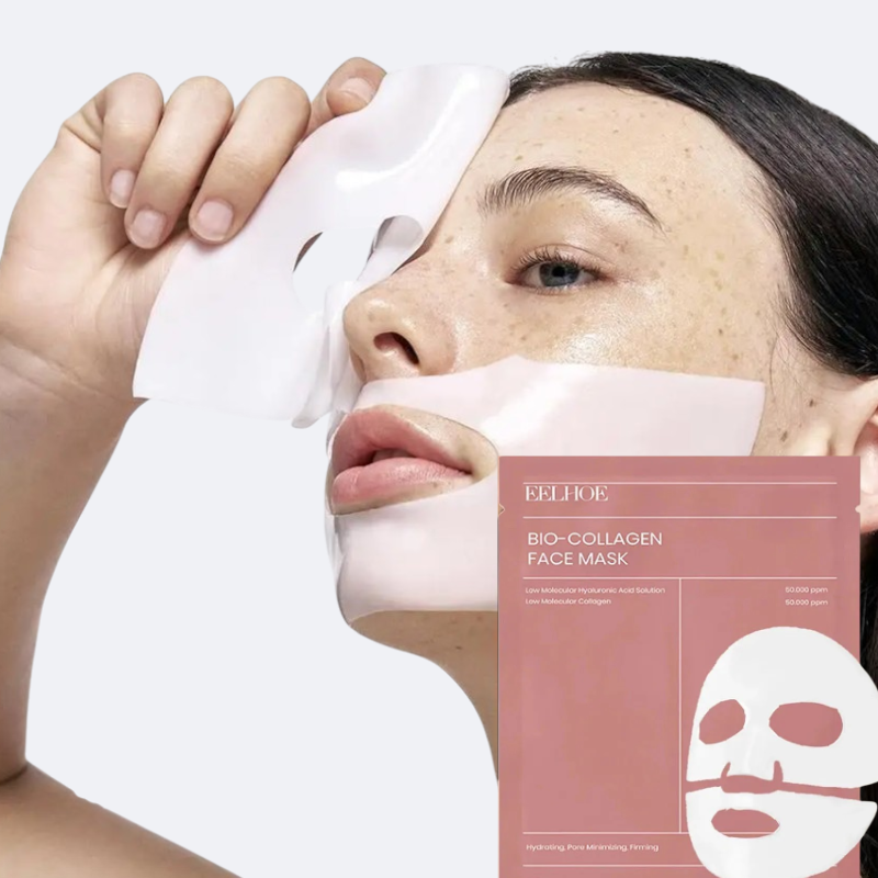  Masque Collagène Hydratant pour une Peau Ferme et Éclatante présenté avec un modèle appliquant un masque de beauté.